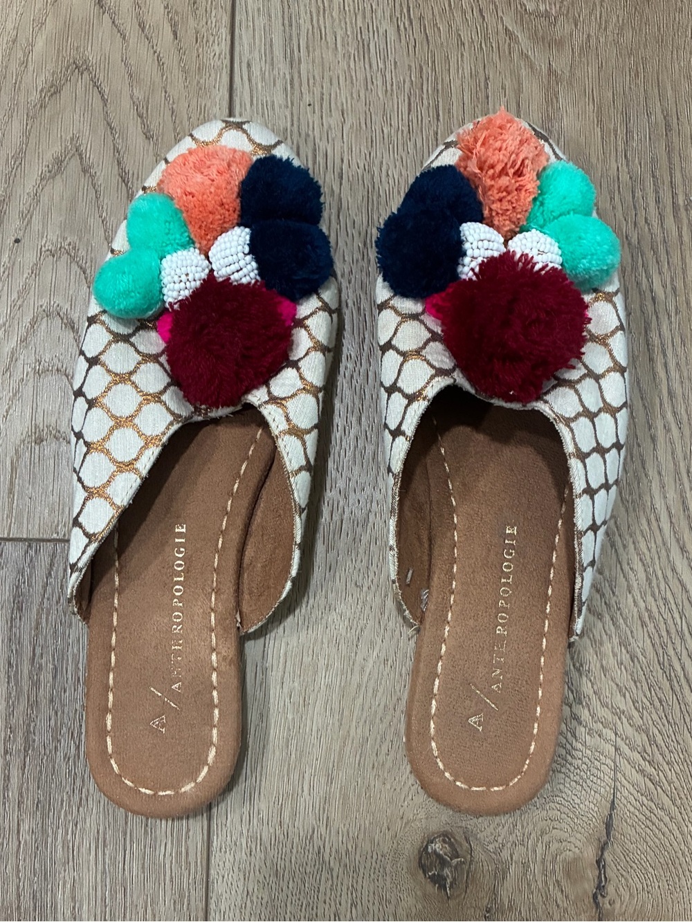 Anthropologie Pom-Pom Slip-On Mules in Teal, Navy, Coral, Burgundy, White